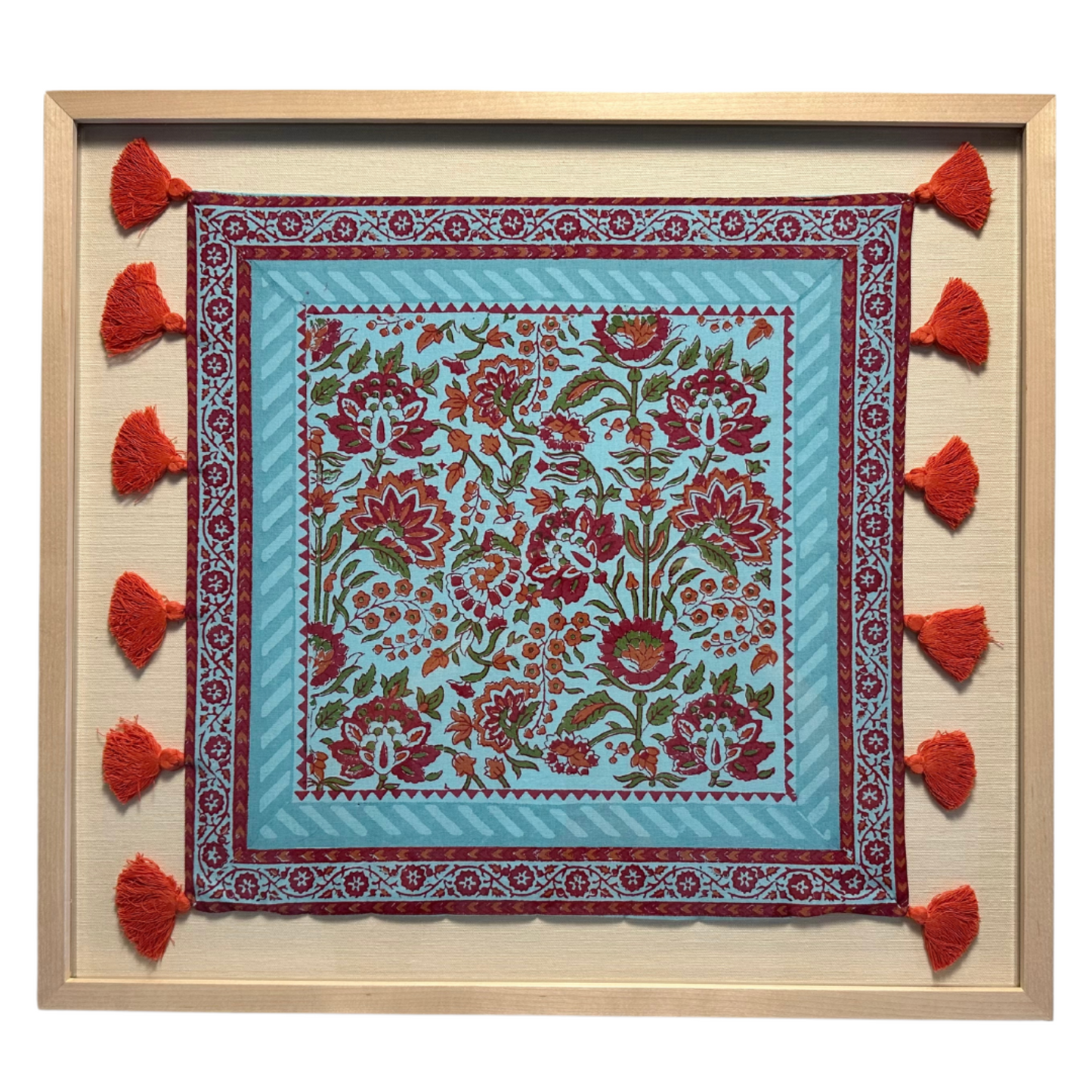 Red Floral On Turquoise Framed Textile 23 x 21