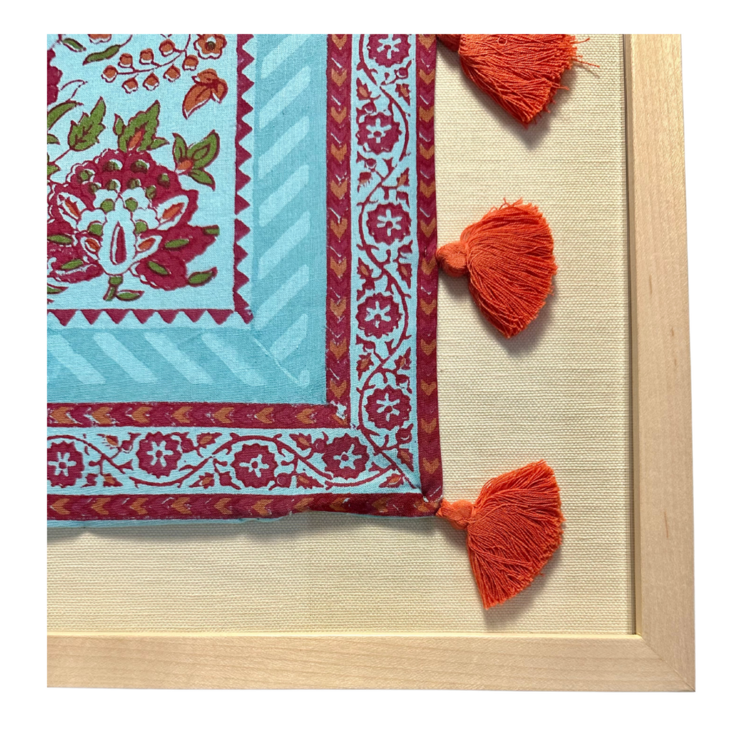 Red Floral On Turquoise Framed Textile 23 x 21