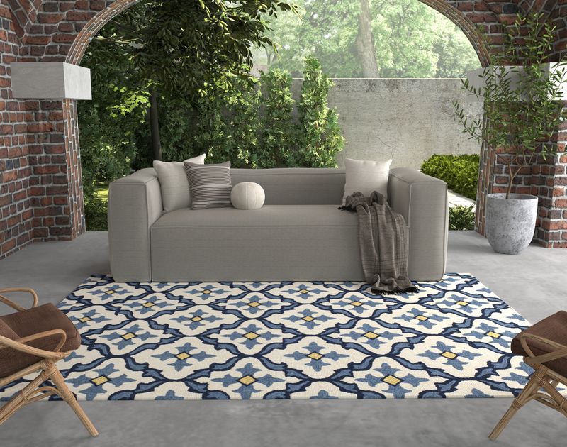 Parra Ivory + Blue Mosaic Hand-Tufted Rug (Outdoor Safe)