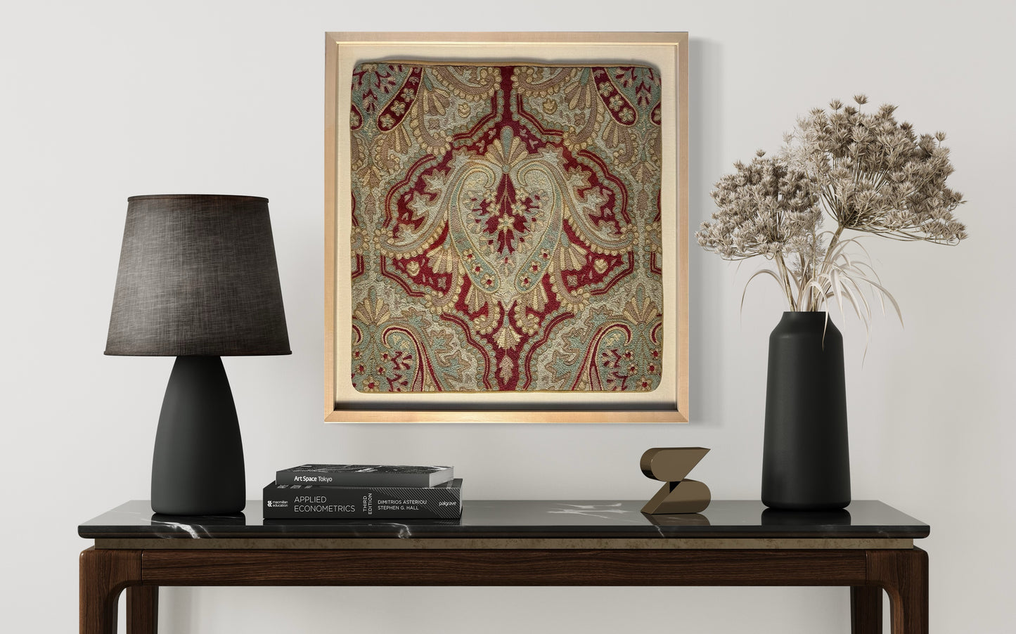 Burgundy Scroll Framed Textile 23 x 24