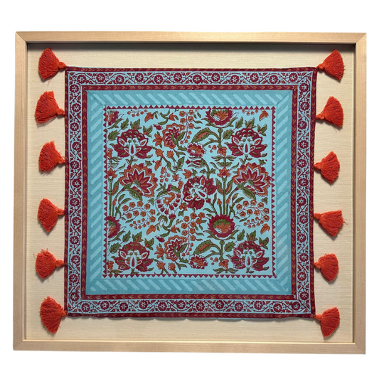 Red Floral On Turquoise Framed Textile 23 x 21