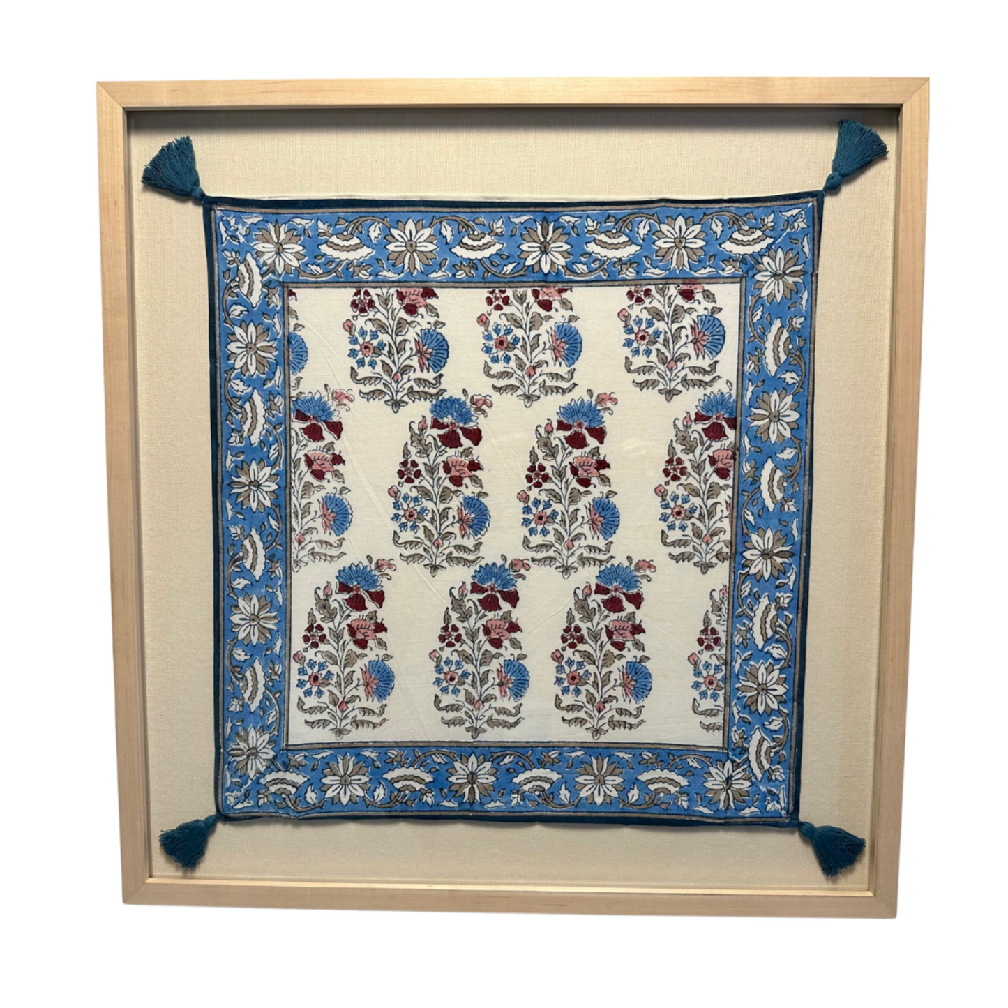 Blue Floral Square Framed Textile 22 x 22